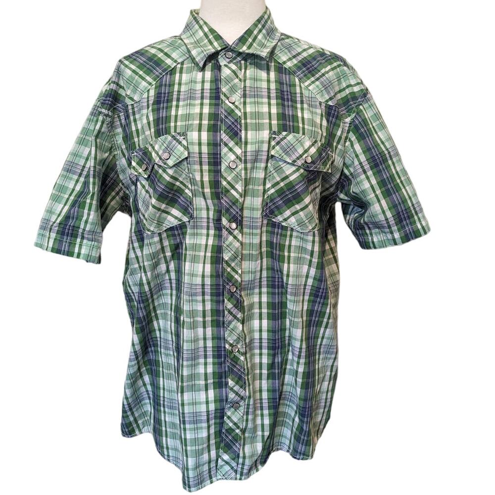 Micros Green Plaid Short Sleeve Pearl Like Snap Buttons Size XL